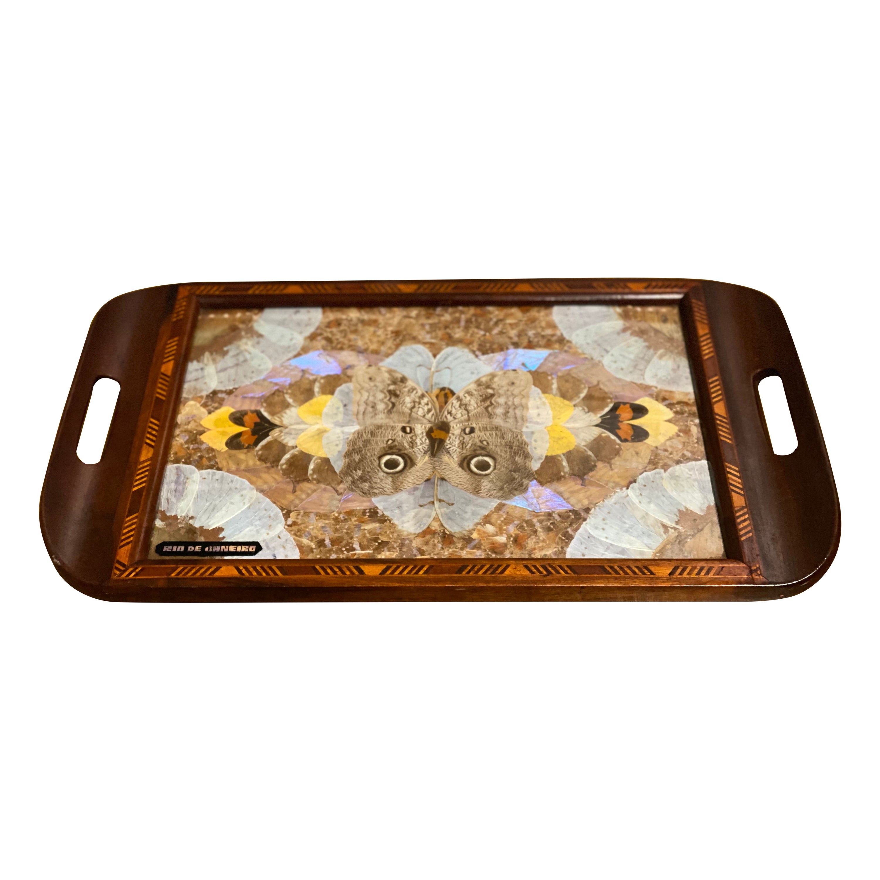 Daniel Teixeira Brazilian Inlaid Tray with Real Morpho Butterfly Wings 1940's
