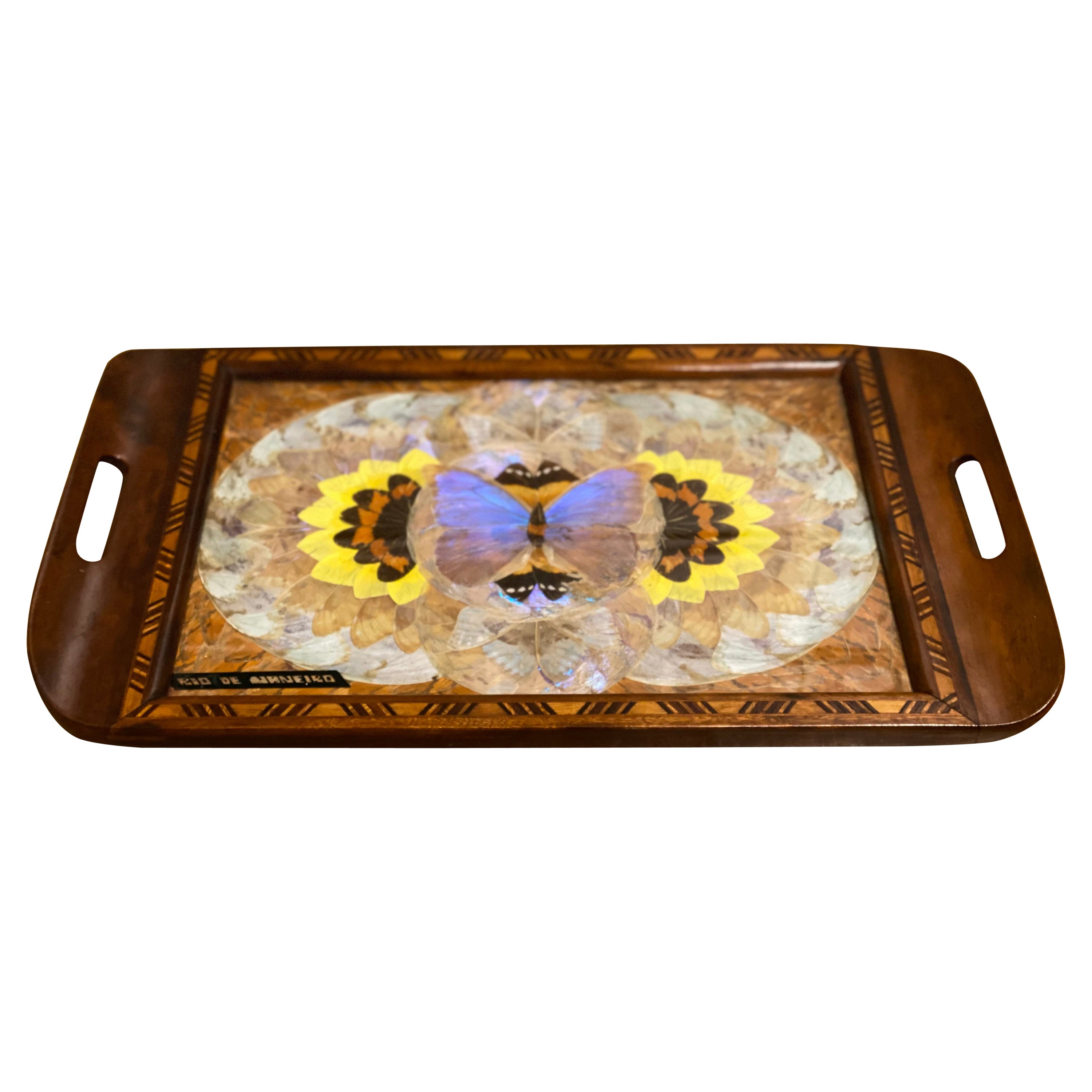 DANIEL TEIXEiRA 1940'S BRAZILIAN INLAID TRAY WITH REAL MORPHO BUTTERFLY WINGS For Sale