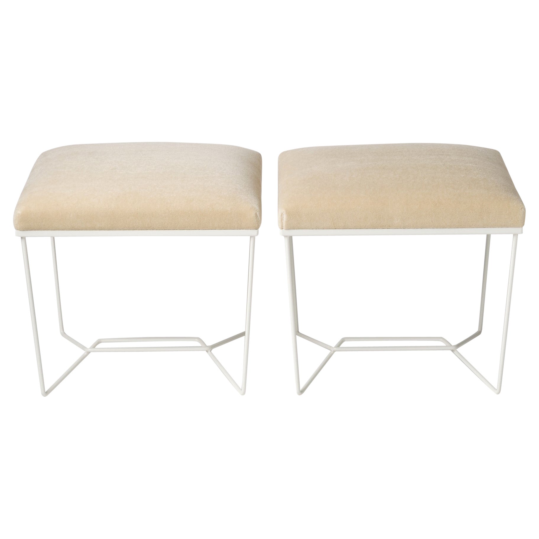 Trombone White Enamel & Creme Mohair Benches by Facto Atelier Paris For Sale