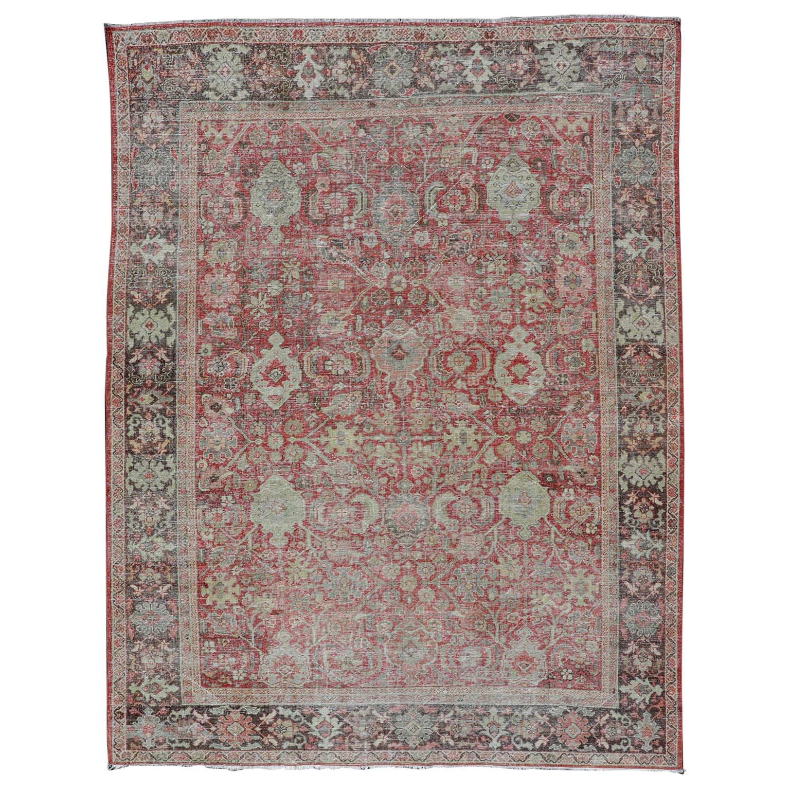 Antique Persian Colorful Mahal Rug with All over Floral Design on a Red Field 