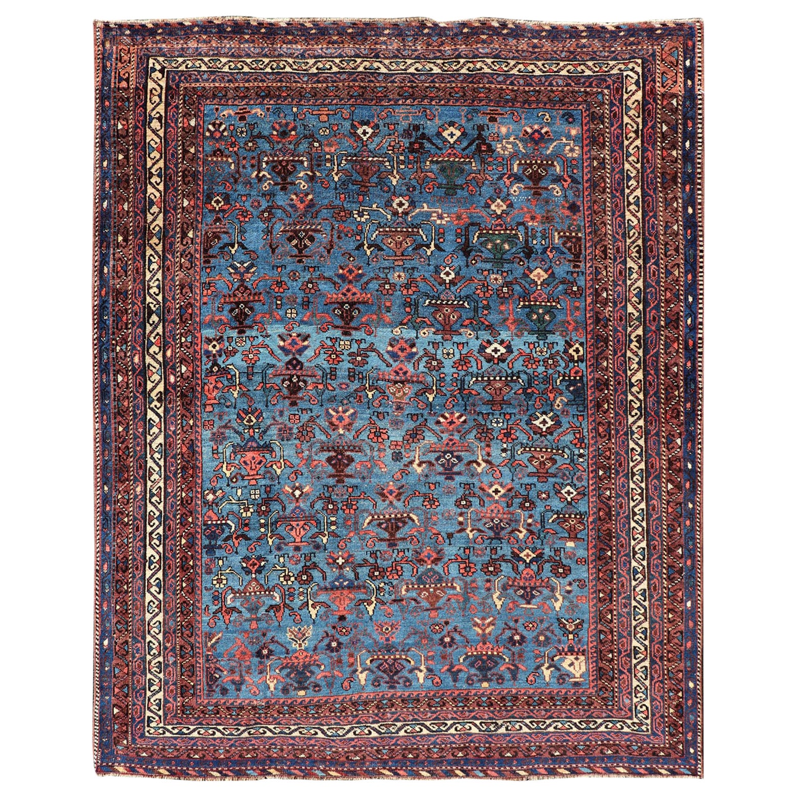 Antique Persian Afshar Rug in Beautiful Blue Background With Tribal Motifs  For Sale
