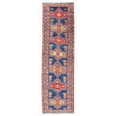 Bold Medallion Design Antique Persian Heriz Runner in Red and Blue Tones