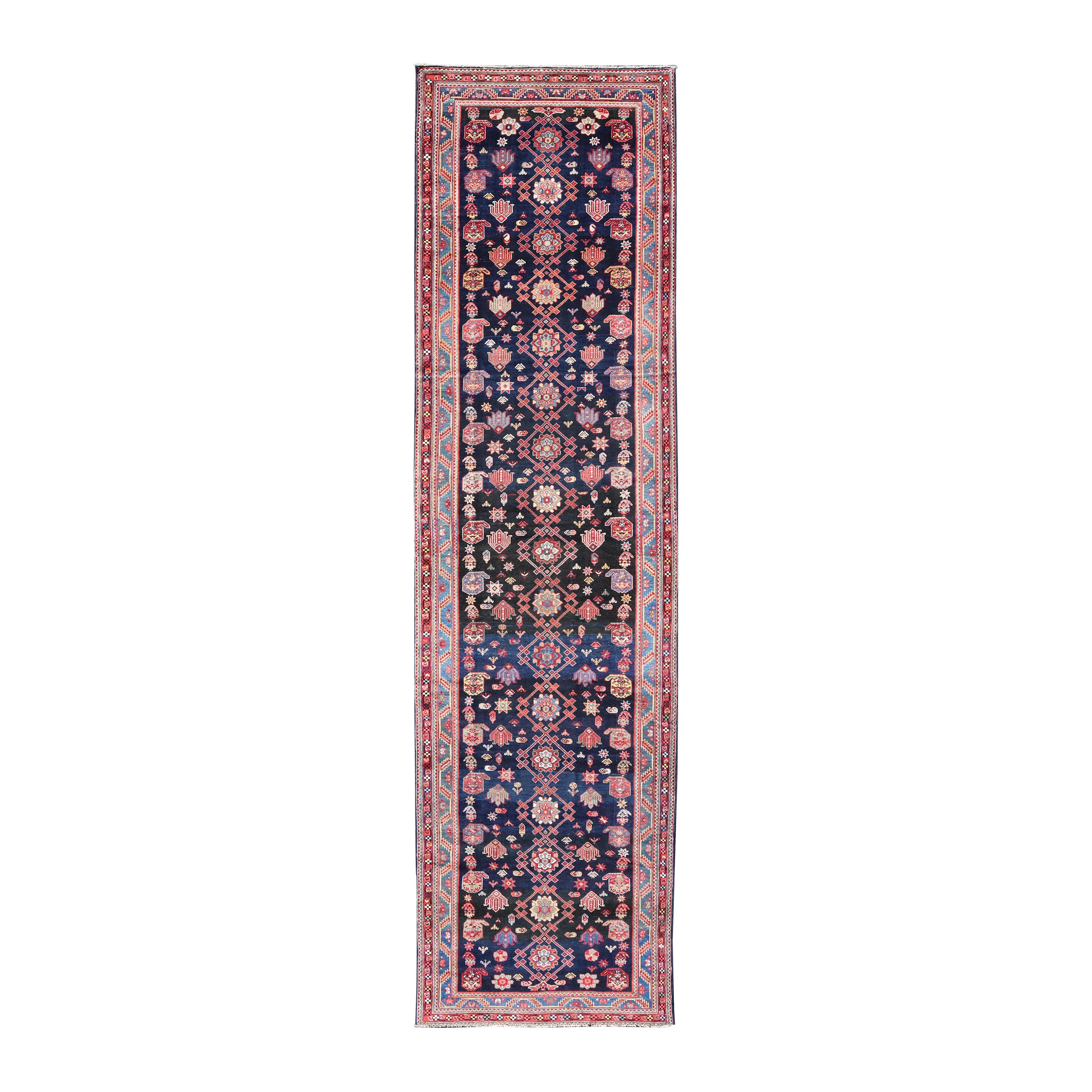 Tapis de couloir persan ancien Malayer à fond bleu et multicolore