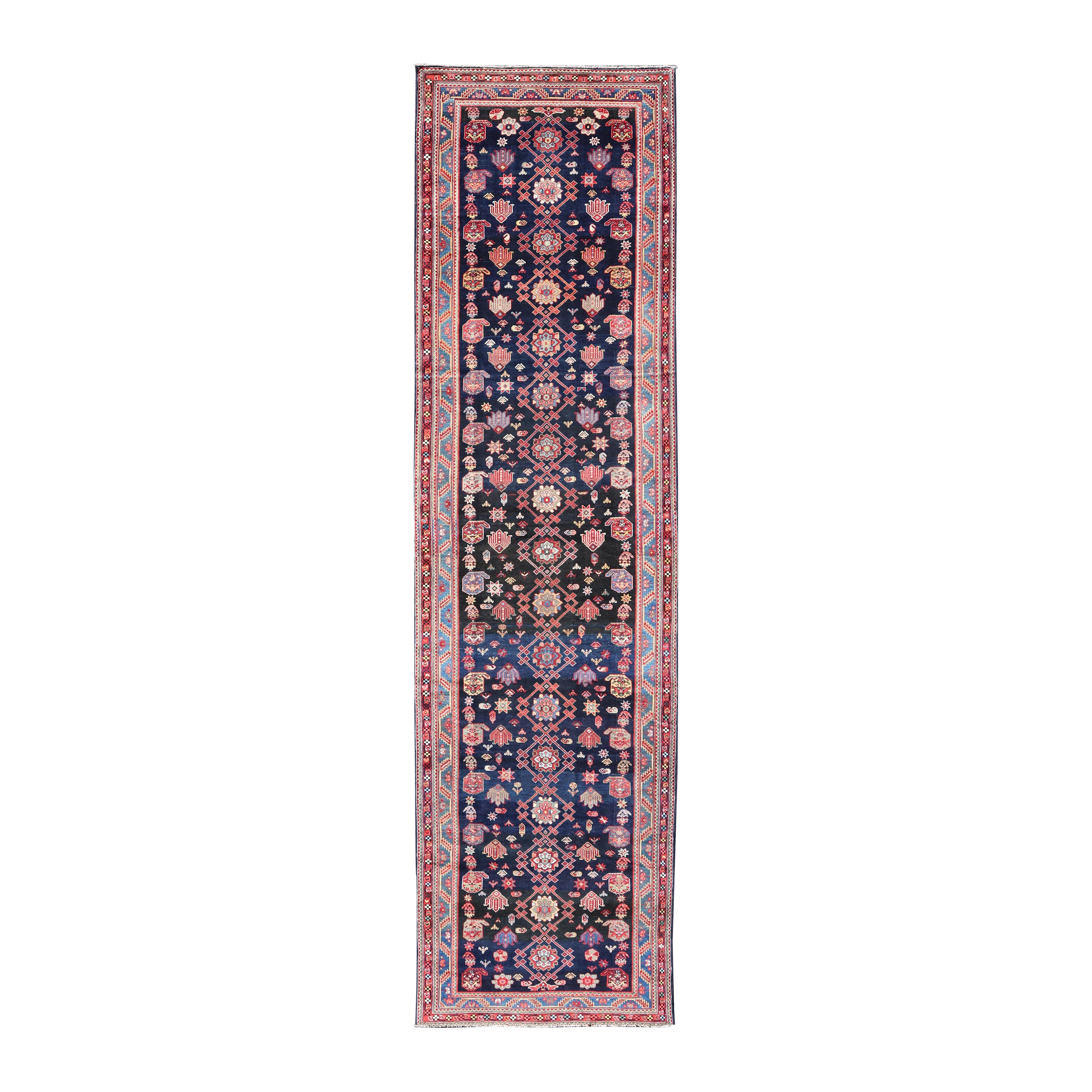 Antique Persian Malayer Gallery Runner in Blue Background with Multi Colors For Sale