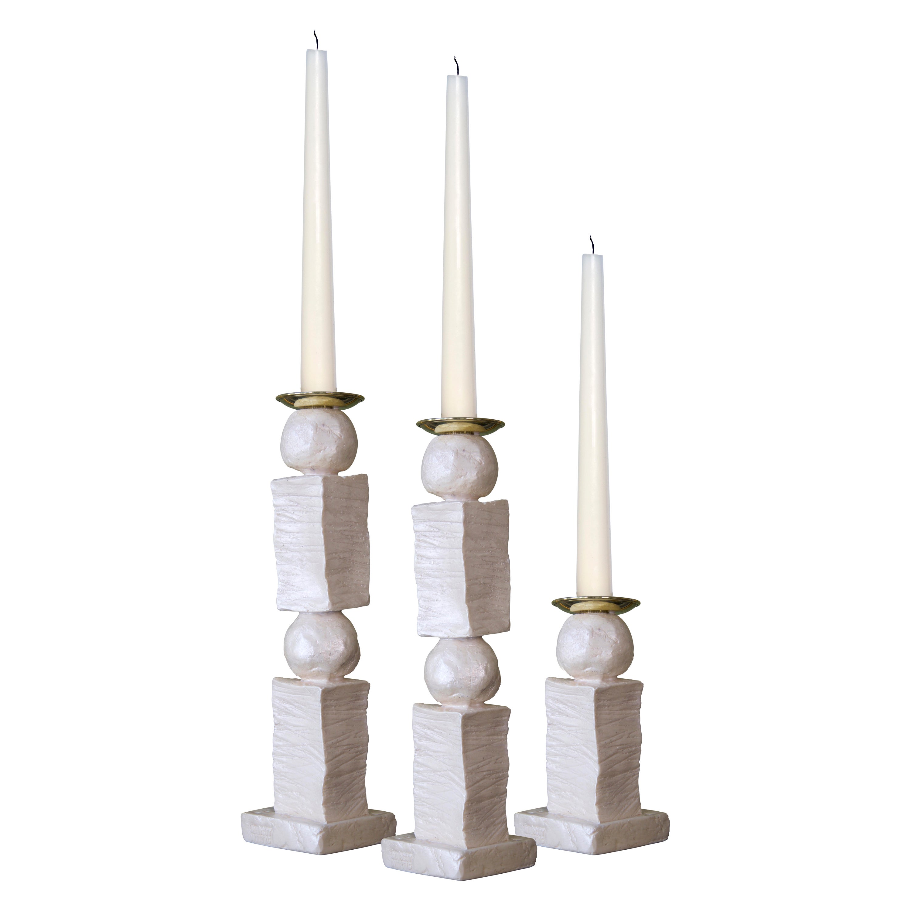 Block & Pearl Sculpted Contemporary White Candlestick Set by Margit Wittig