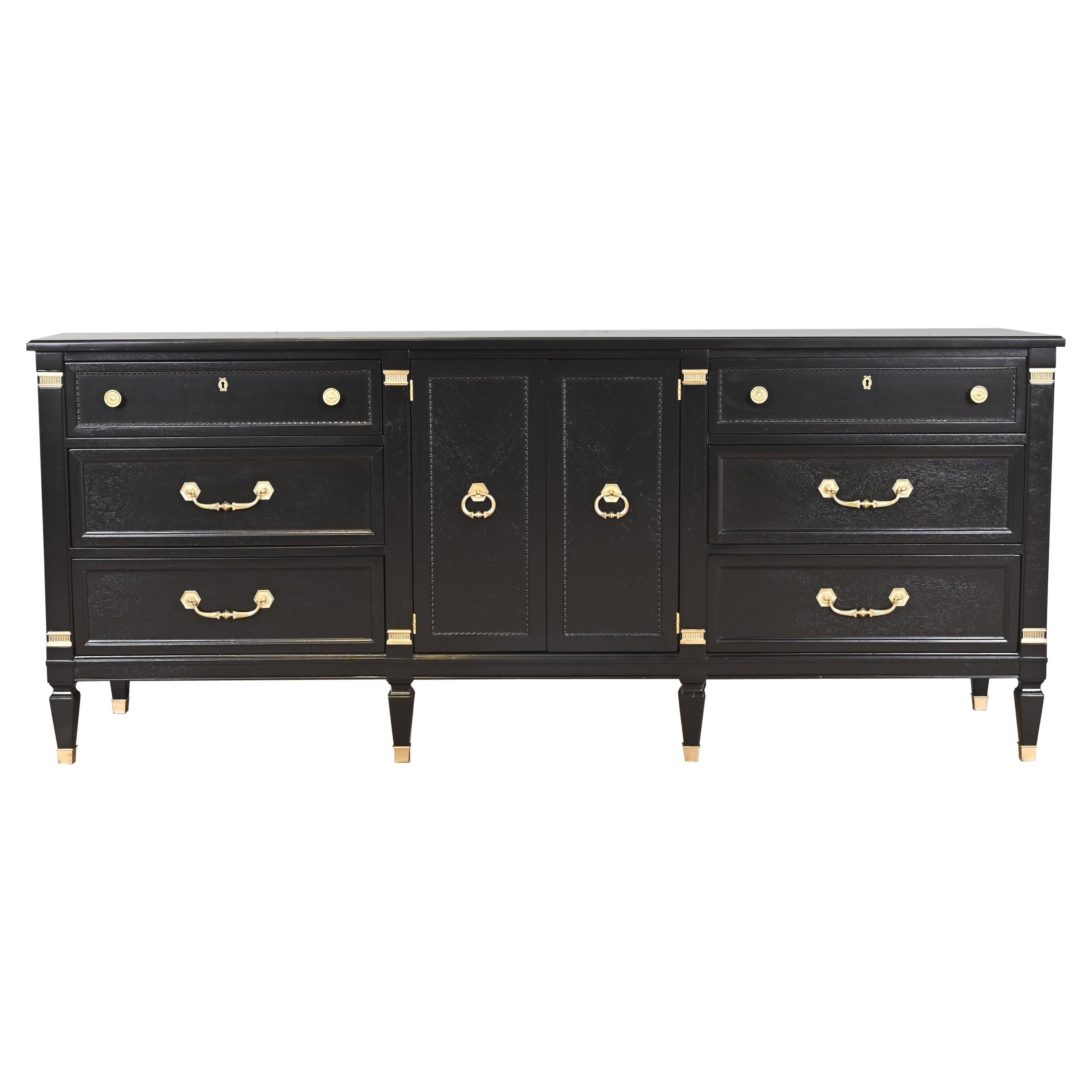 Heritage French Regency Louis XVI Black Lacquered Dresser, Newly Refinished For Sale