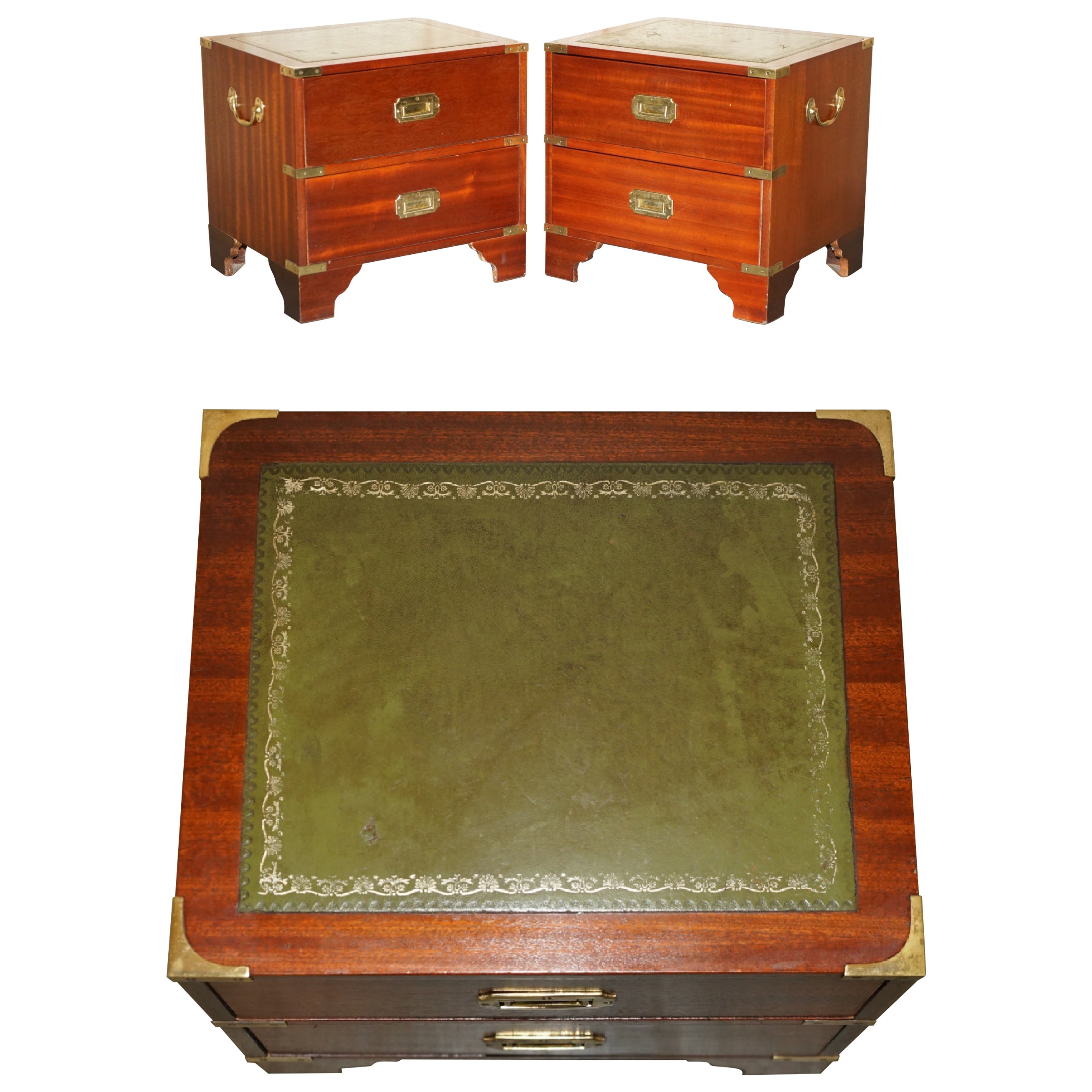 Pair of Harrods Kennedy Military Campaign Side End Table Drawers Green Leather For Sale
