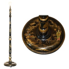 1 of 2 Chinese Export circa 1920 Antique Chinoiserie Black Lacquer Floor Lamps