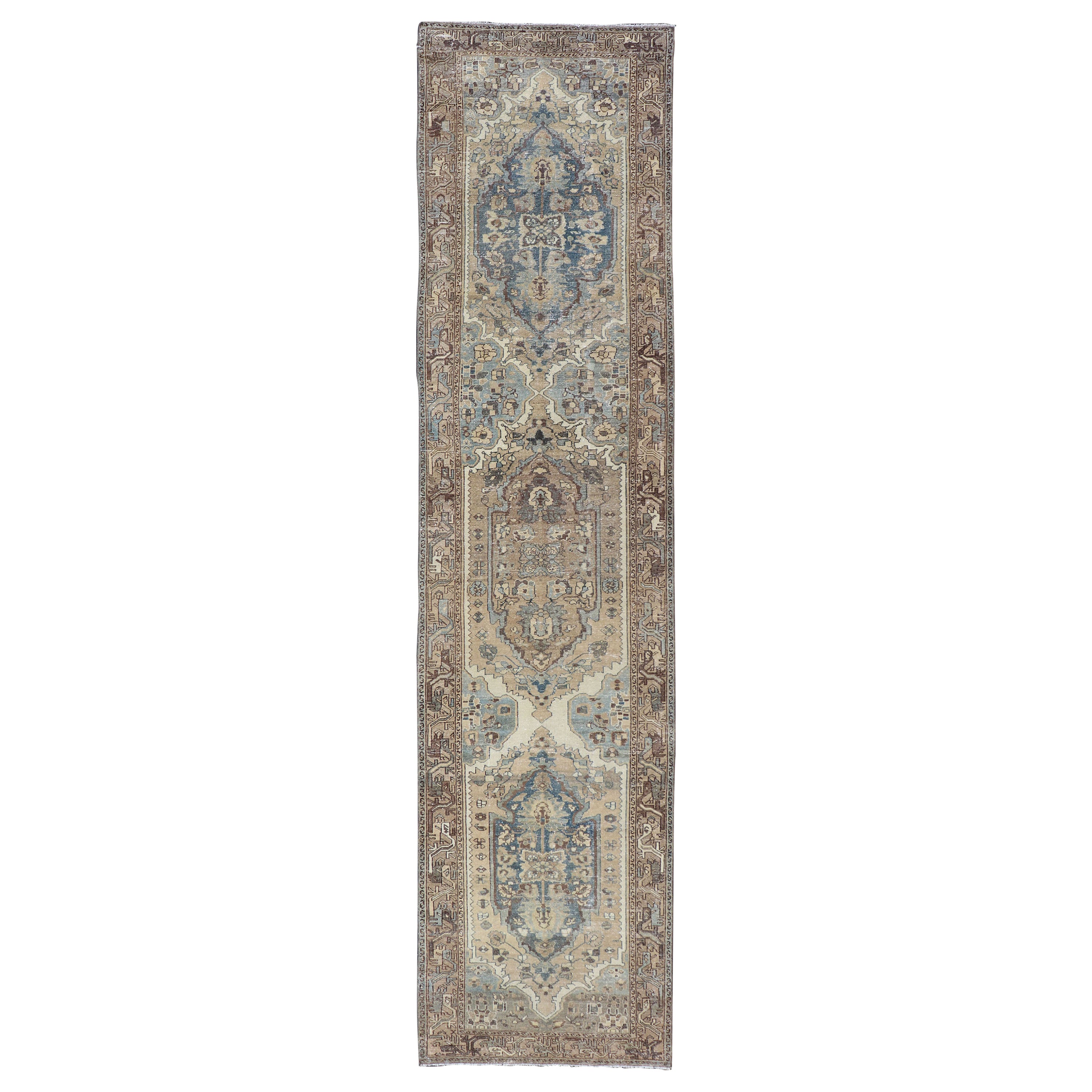 Antique Persian Malayer Runner With Geometric Medallion Design in Blue and Tan For Sale