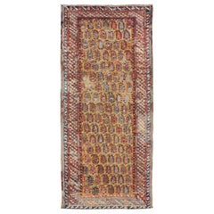 Antique Kazak Caucasian Short Runner with Paisley Design On Gold Background