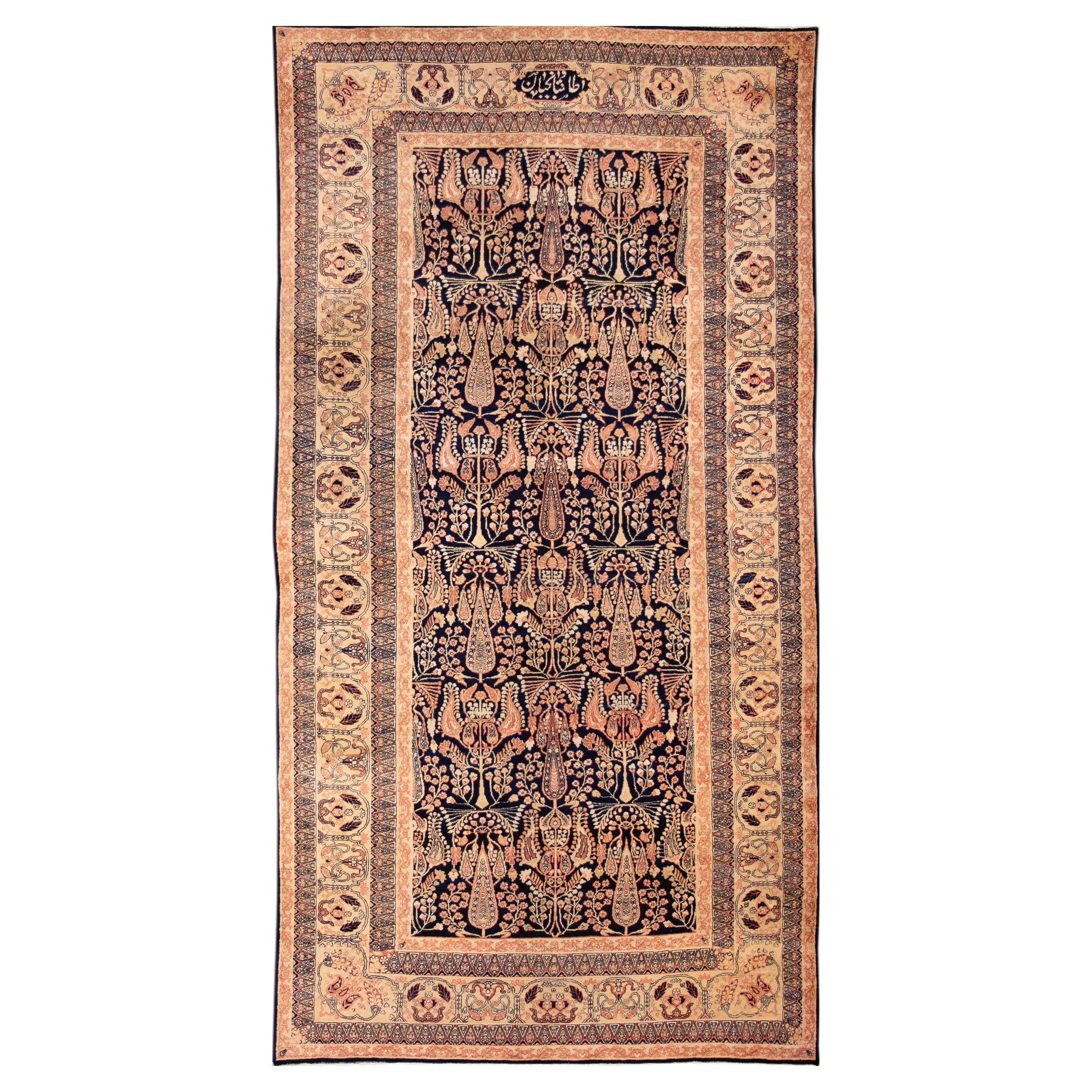 Handmade Antique Persian Kerman Allover Wool Rug with Blue & Peach Field For Sale