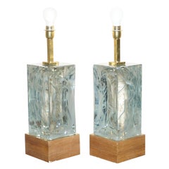 Sublime paire de grandes lampes de bureau vintage en verre de Murano marbré massif et lourd