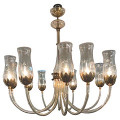 12 arms iridescent Murano glass & brass chandelier  