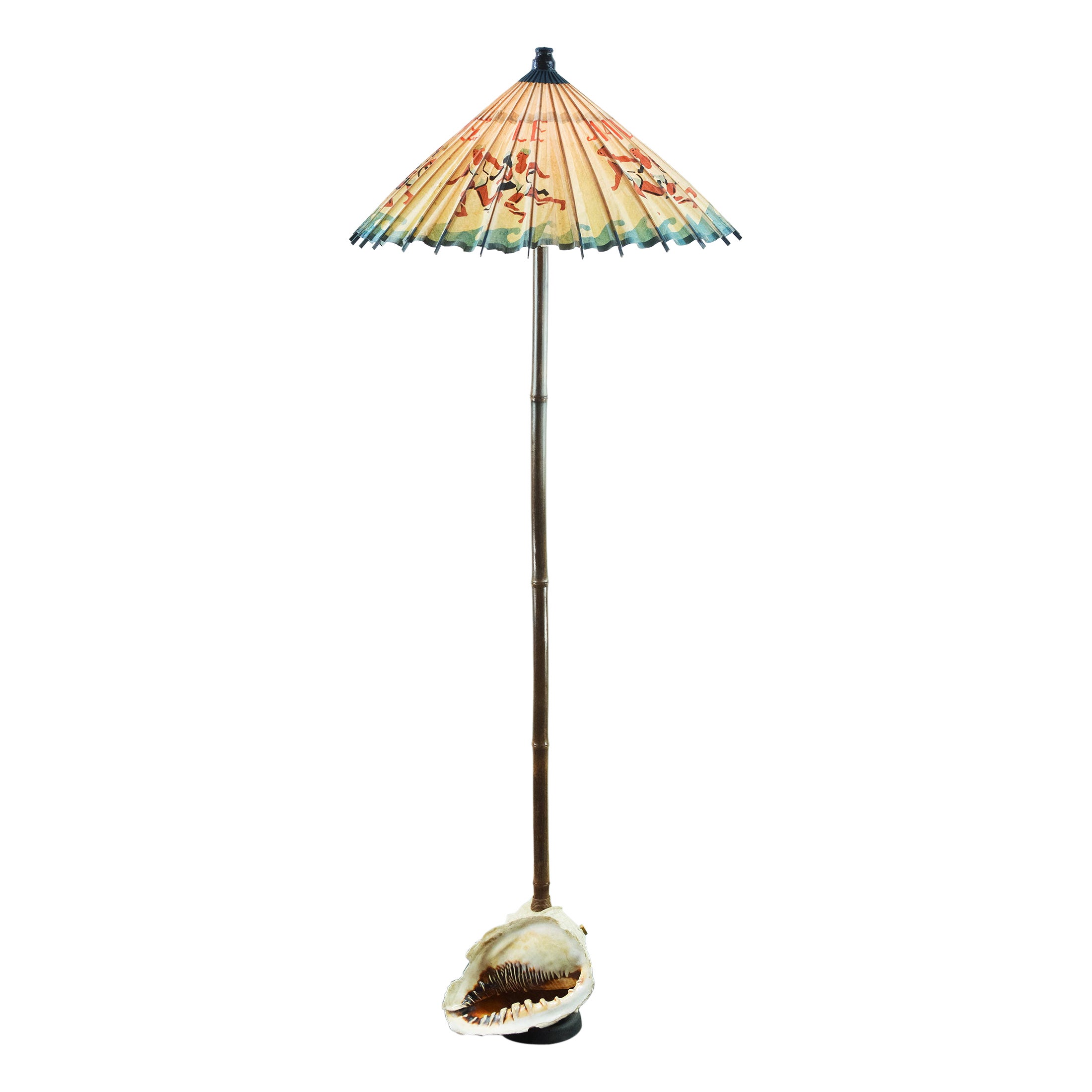 'Queen Helmet Conch Shell' Bamboo Floor Lamp with Vintage French Parasol Shade For Sale