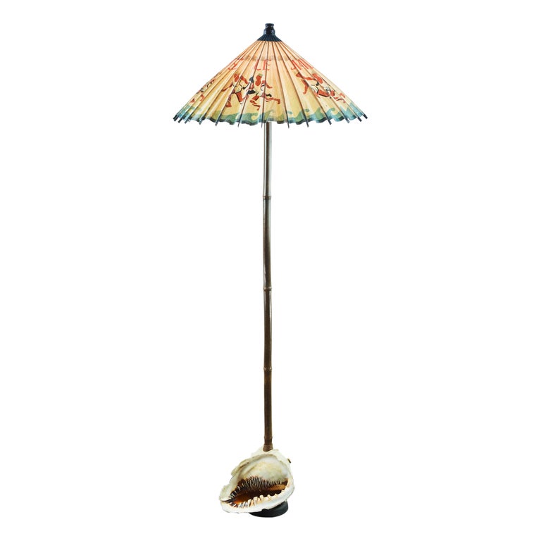 Floor lamp with queen helmet conch shell, bamboo and vintage French parasol shade, 2022