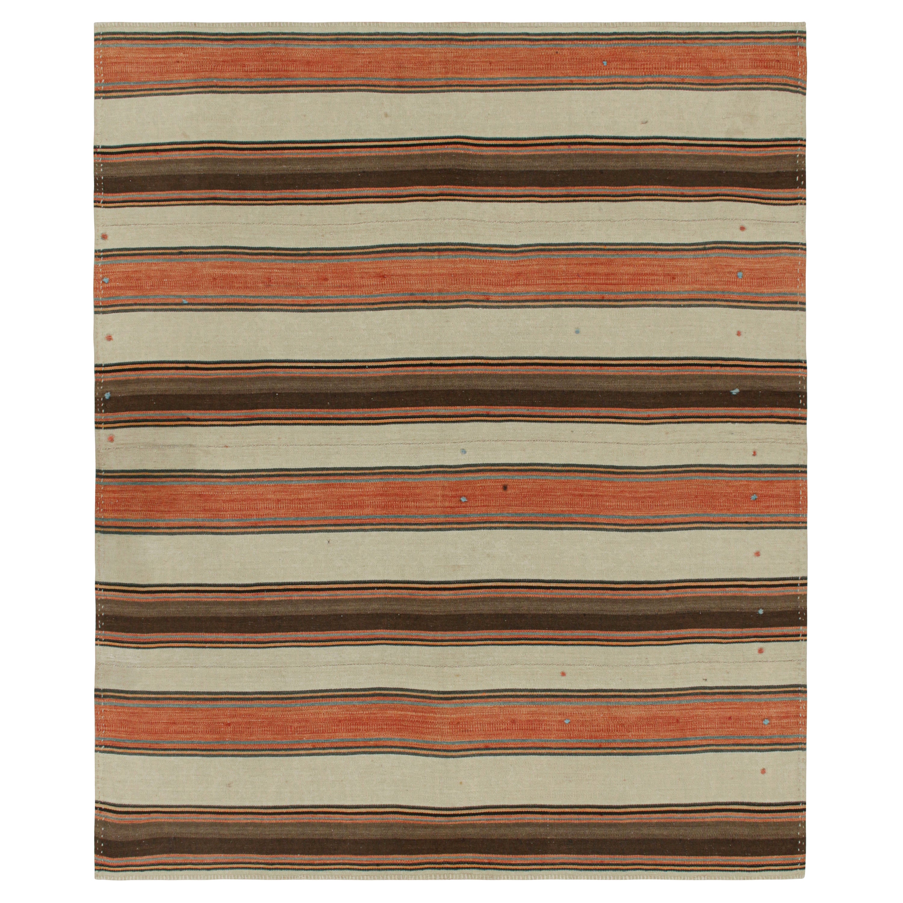 Handwoven Vintage Persian Kilim Rug in Beige Brown Stripe Pattern by