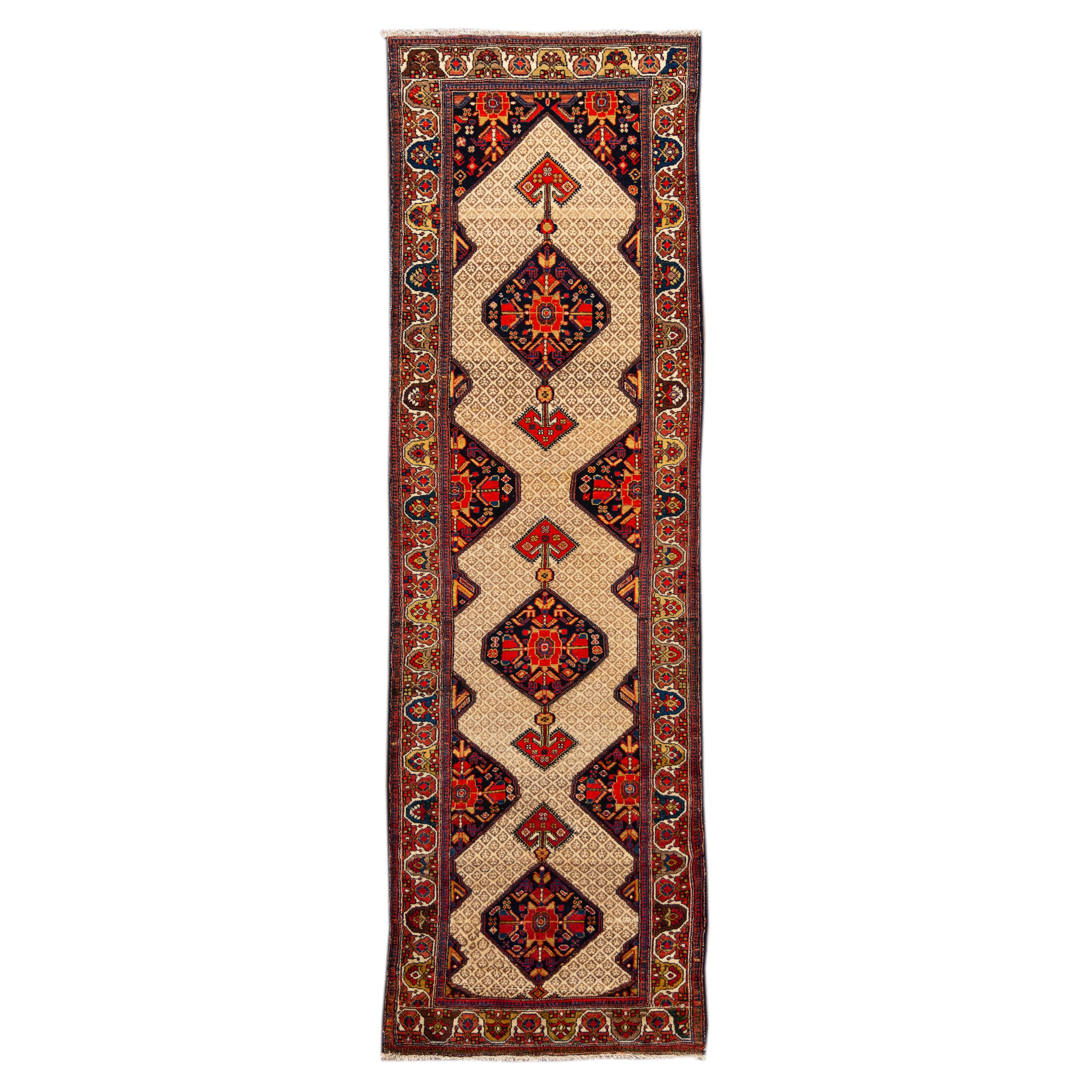 Beige Antique Persian Malayer Handmade Wool Rug with Tribal Design