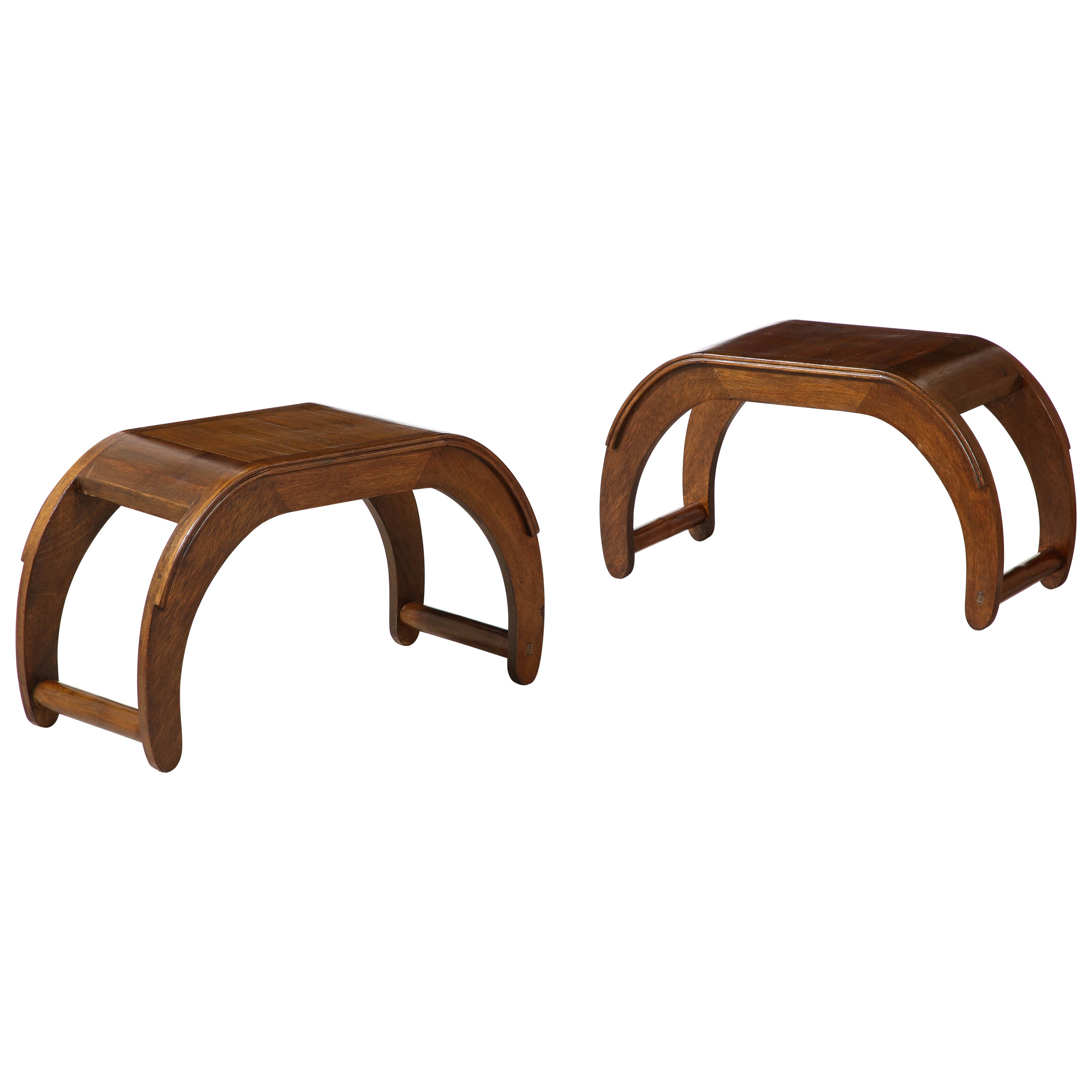 Pair of Italian Walnut Elliptical Shaped Benches  For Sale