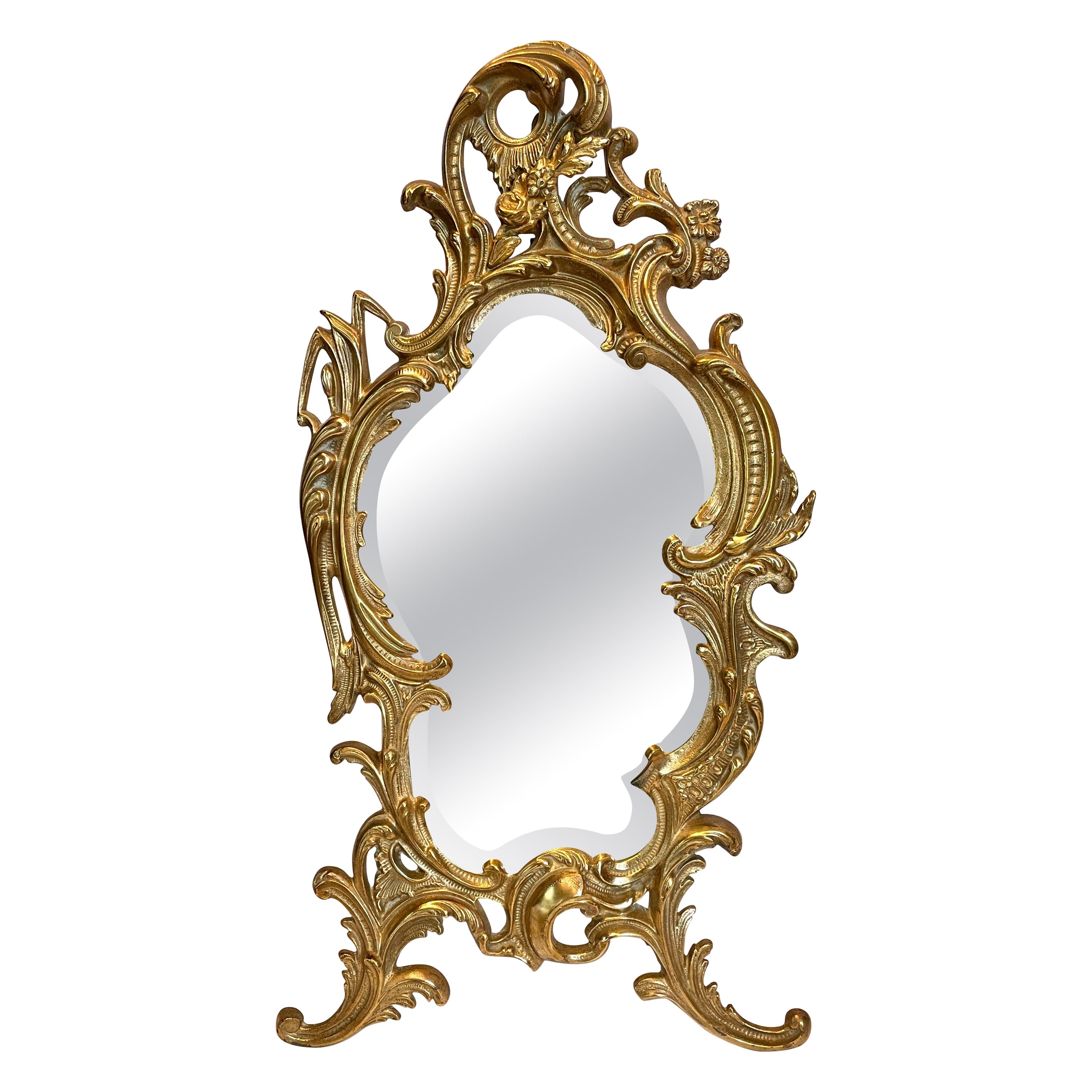 Antique French Gold Bronze Tabletop Vanity Mirror with Beveling, circa 1880 For Sale