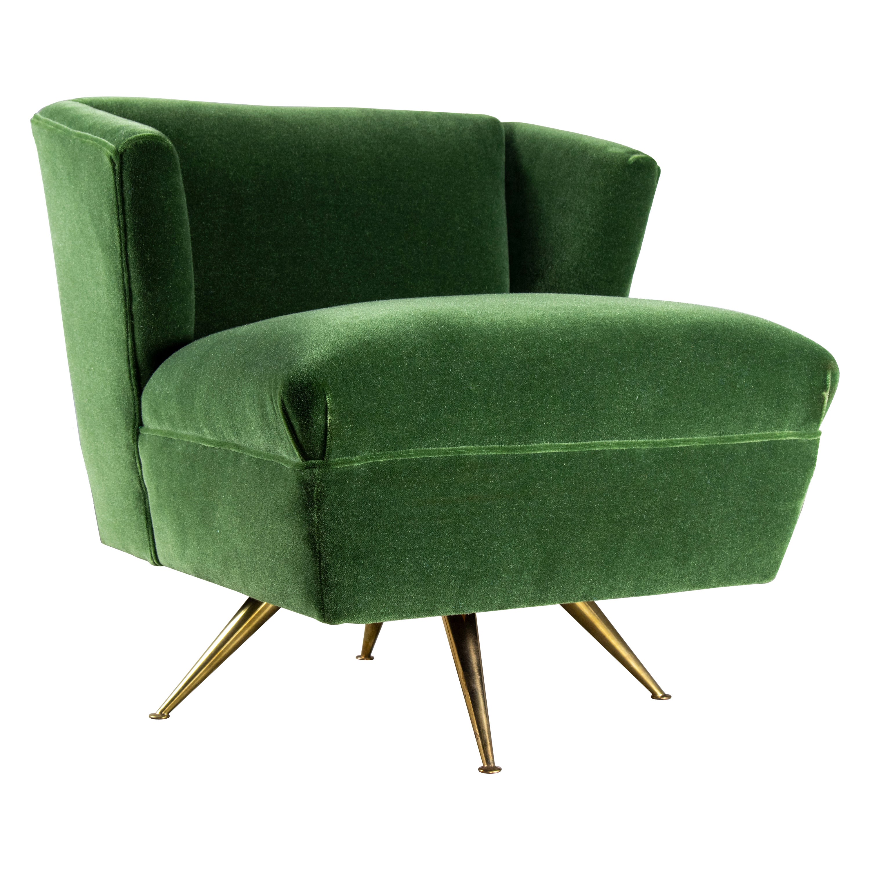 1950s Henry P Glass Swivel Lounge Chair Green Mohair on Brass Legs JL Chase Co.