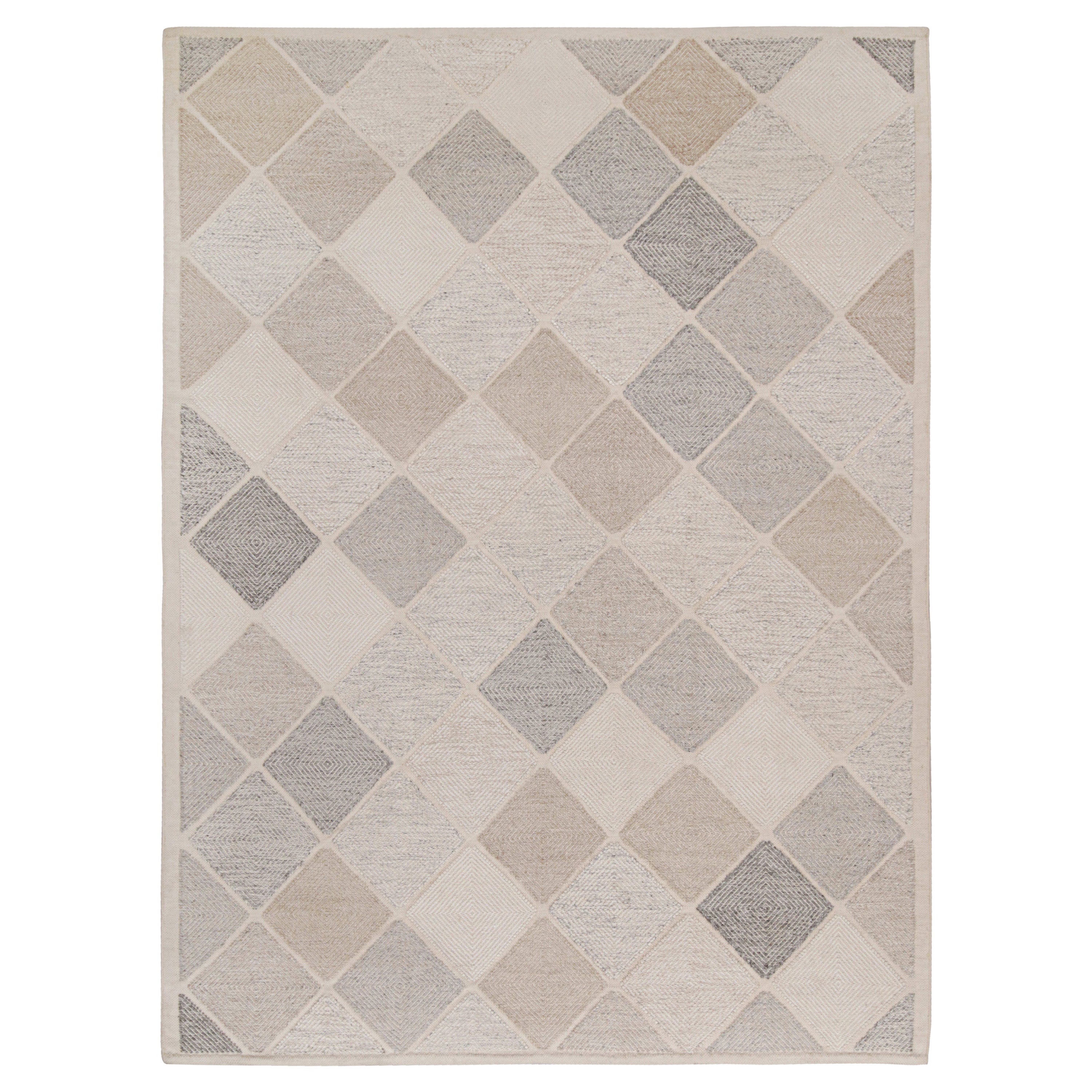 Rug & Kilim’s Scandinavian Style Kilim in White, Taupe & Gray Diamond Patterns For Sale