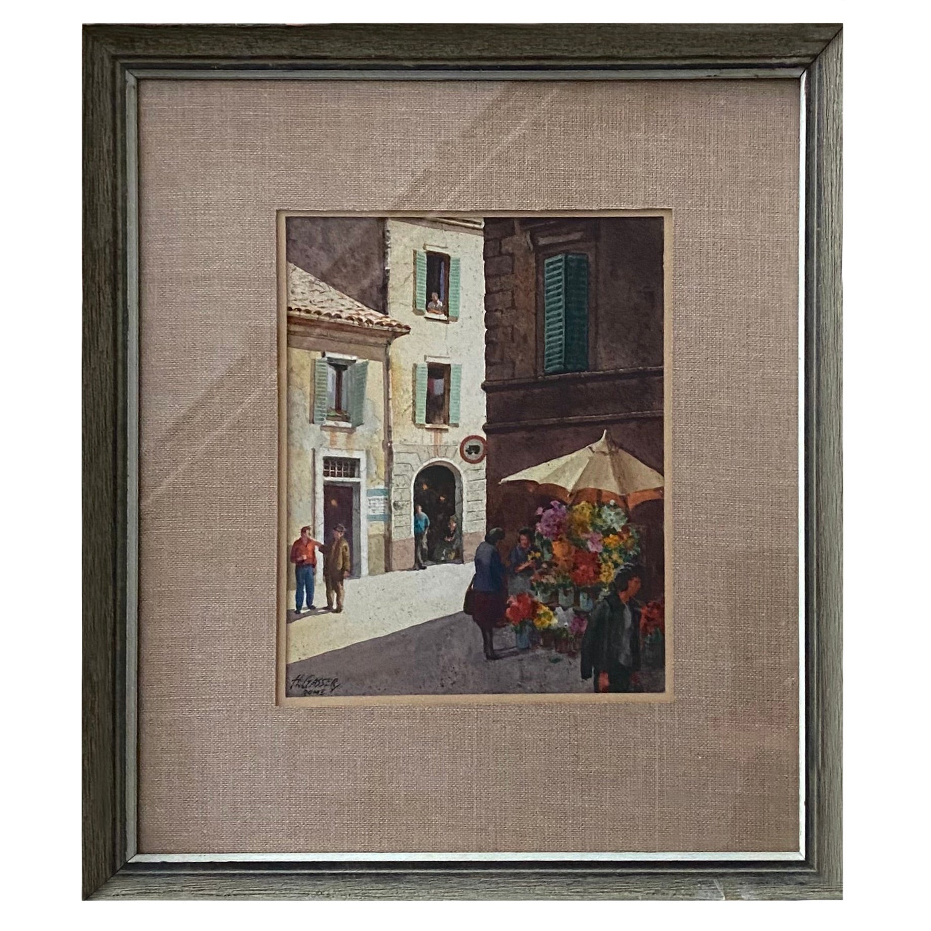 Watercolor "Flower Stall Rome" by Henry Gasser For Sale