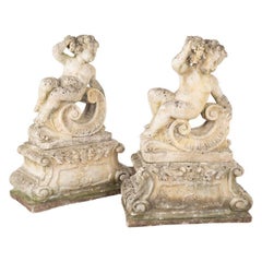 Pair, Antique Garden Cherub Putti Statues with Flowers and Grapes