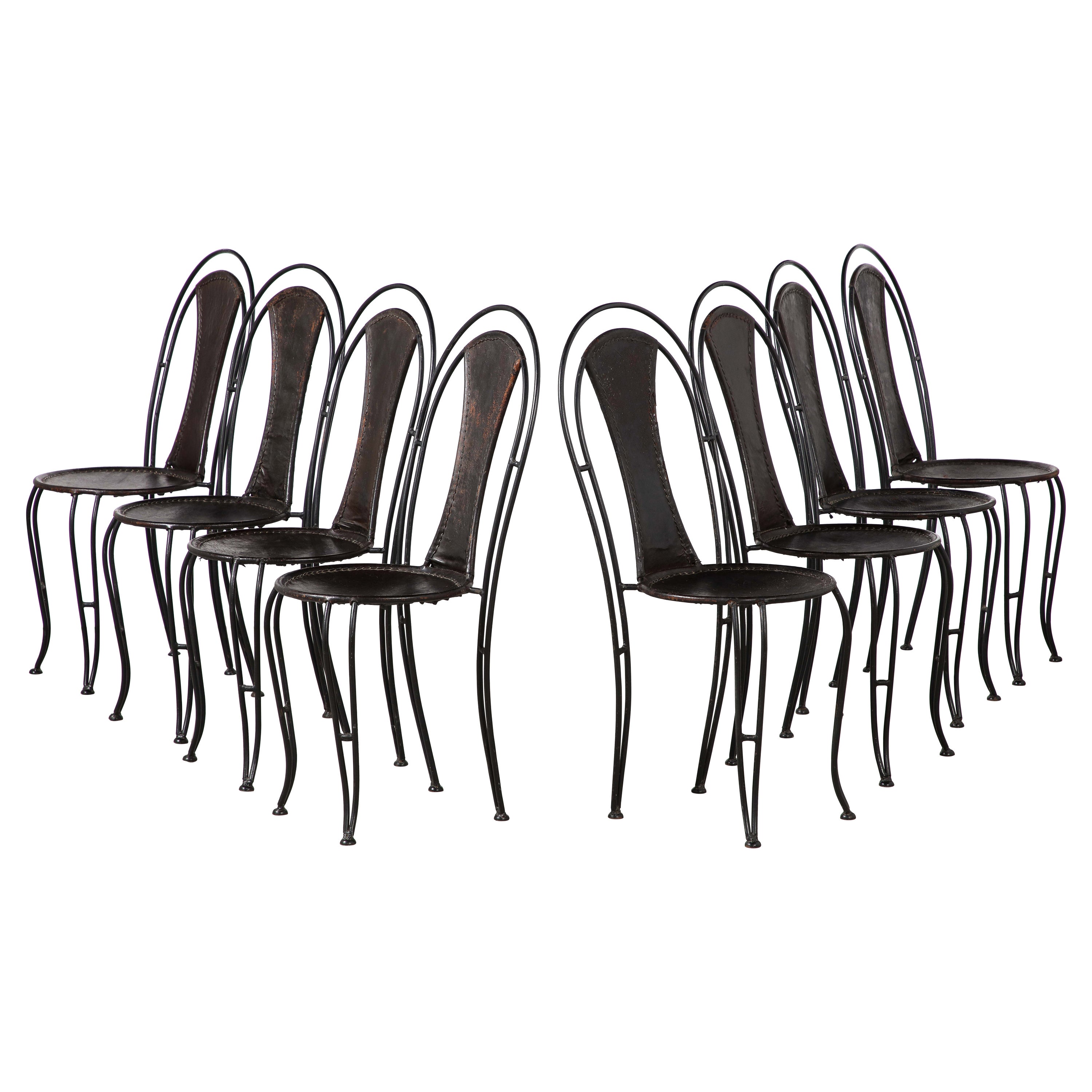 Set of 8 Italian Leather and Metal Bistro Dining Chairs, Circa 1960 For Sale