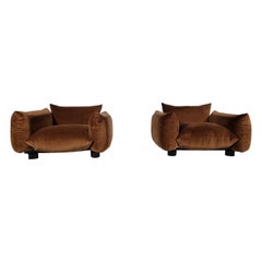 Mario Marenco Set of 2 Lounge Chairs in Brown Velvet for Arflex, 1970s