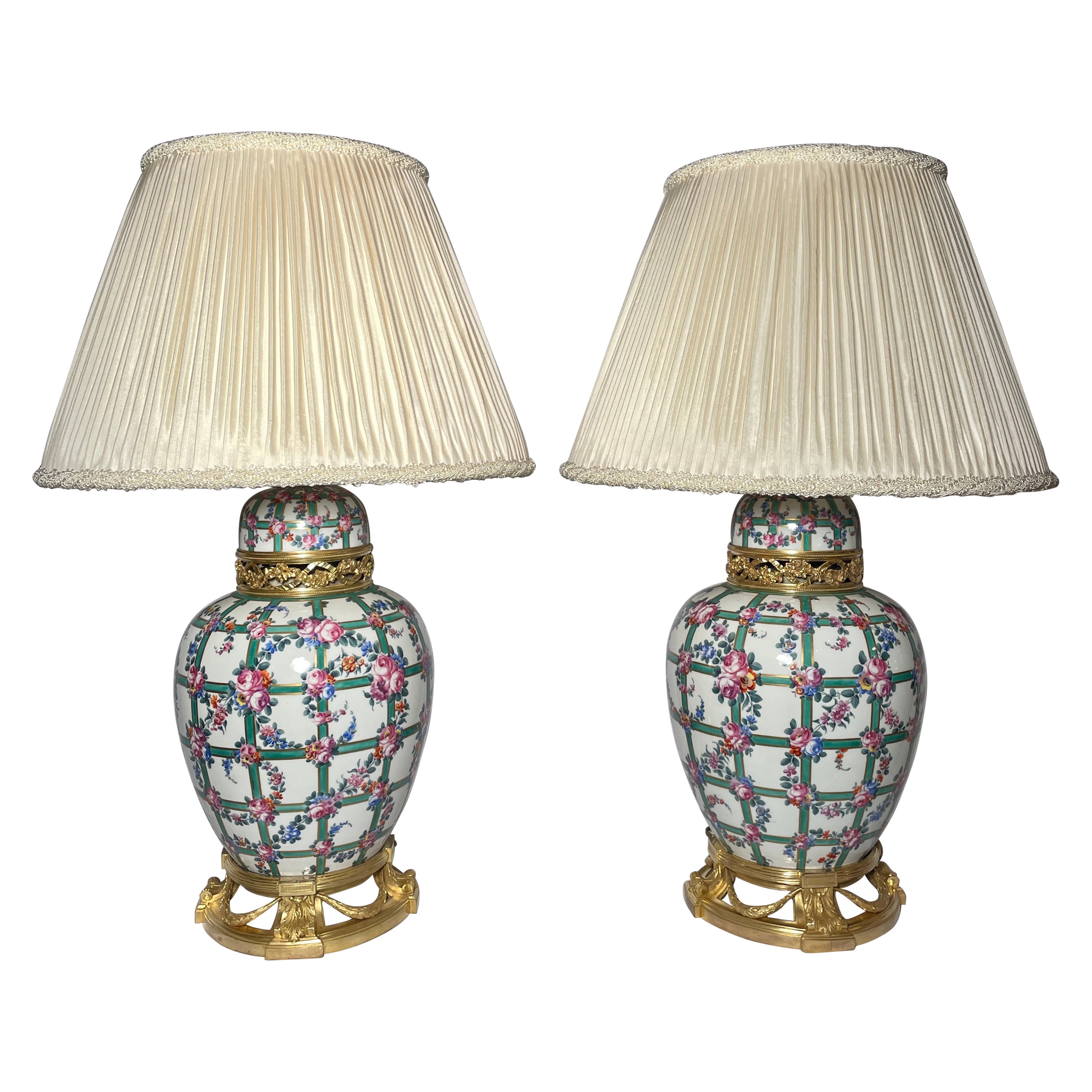 Pair Antique French Belle Epoque Porcelain and Ormolu Lamps, circa 1880 For Sale