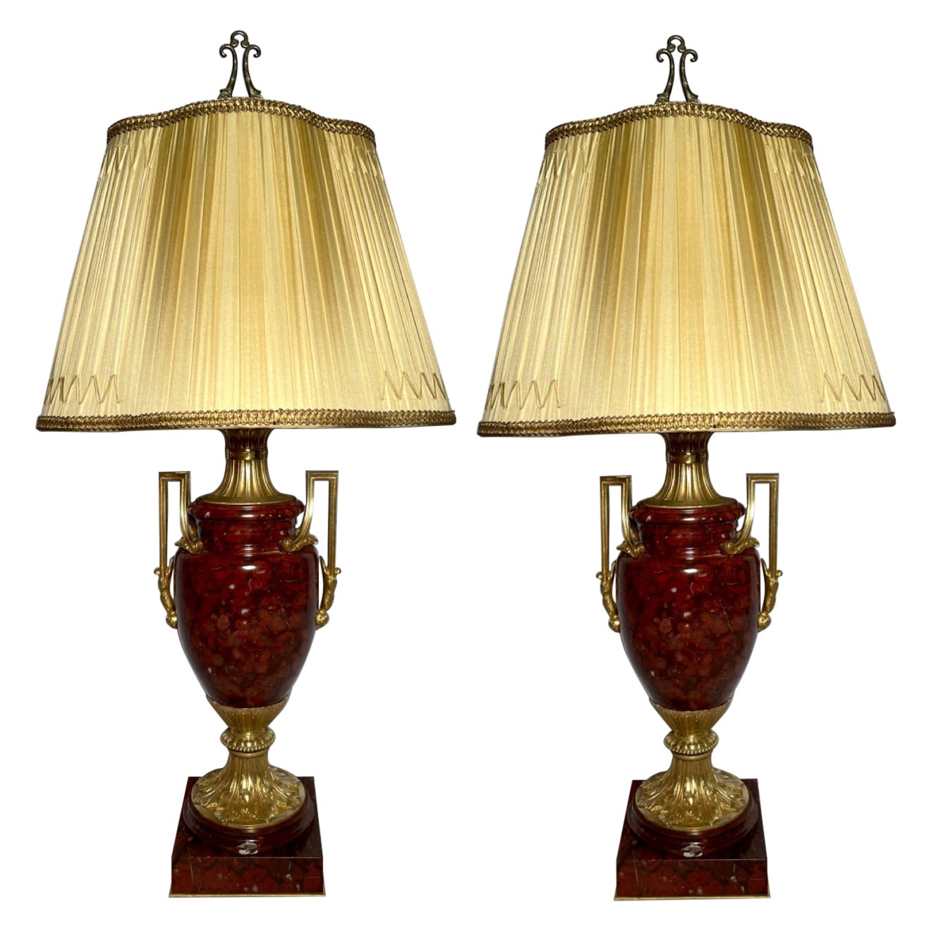 Pair Antique French Napoleon III Ormolu Mounted Red Marble Lamps w/ Silk Shades For Sale