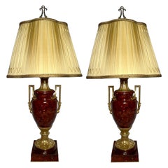 Pair Antique French Napoleon III Ormolu Mounted Red Marble Lamps w/ Silk Shades