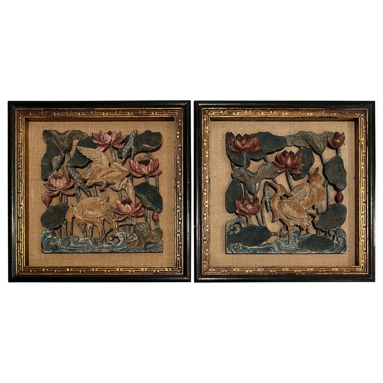 Pair of Framed Chinese Figural Carved and Painted Panels For Sale