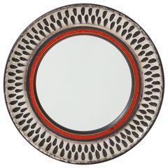 Etched Petite Glazed Ceramic Wall Mirror - France 1960's
