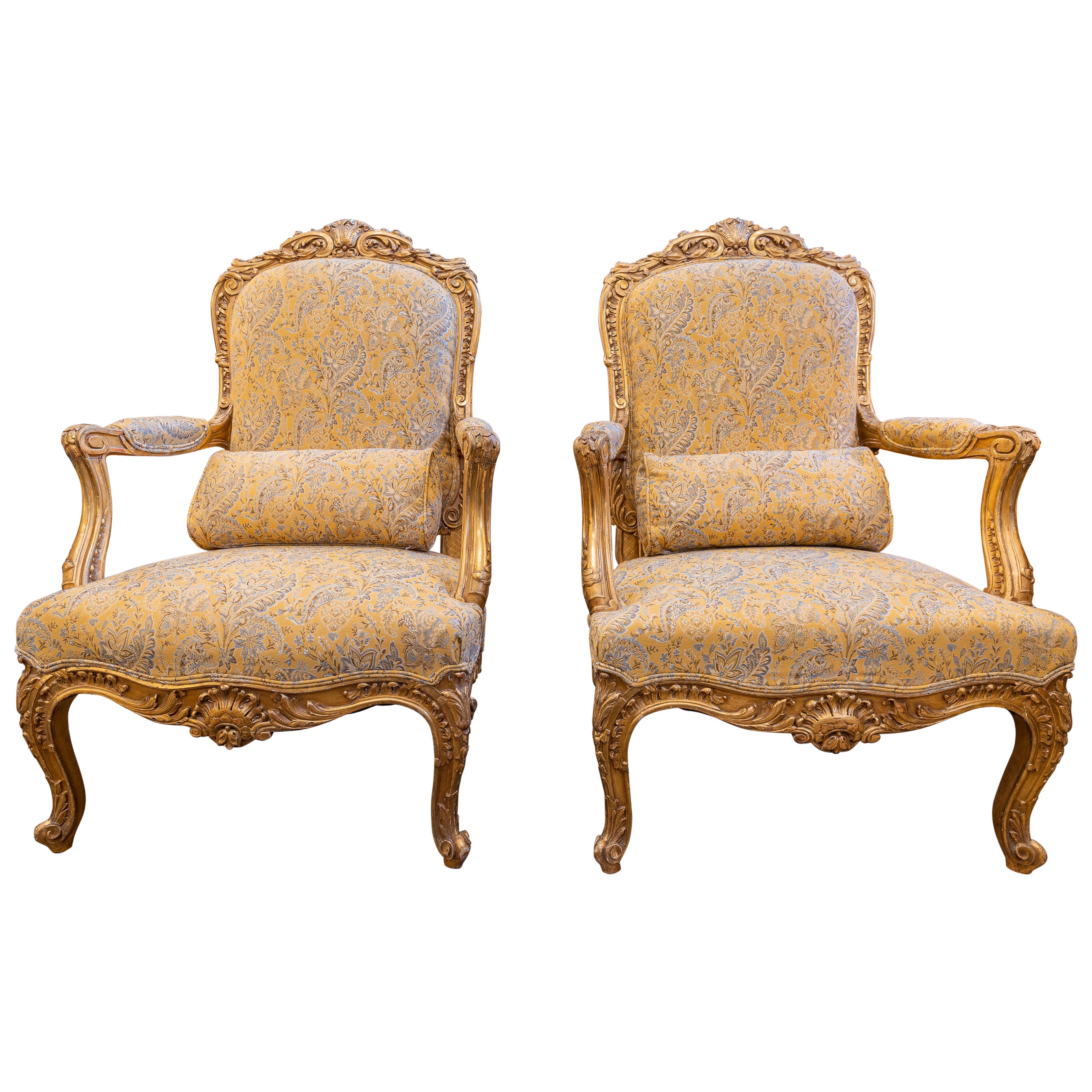 A fine large pair of 19th c gilt carved Louis XV fauteiuls For Sale