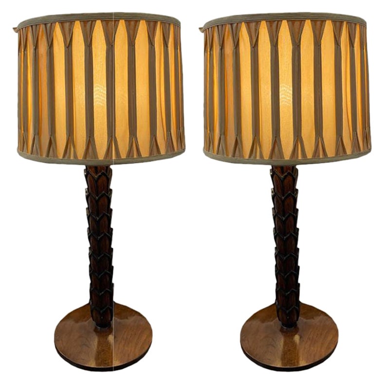 Pair of Carved Wood Table Lamps in a Palm Motif with Pleated Shade