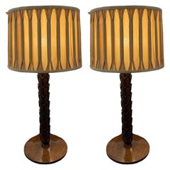 Retro Pair of Carved Wood Table Lamps in a Palm Motif with Pleated Shade