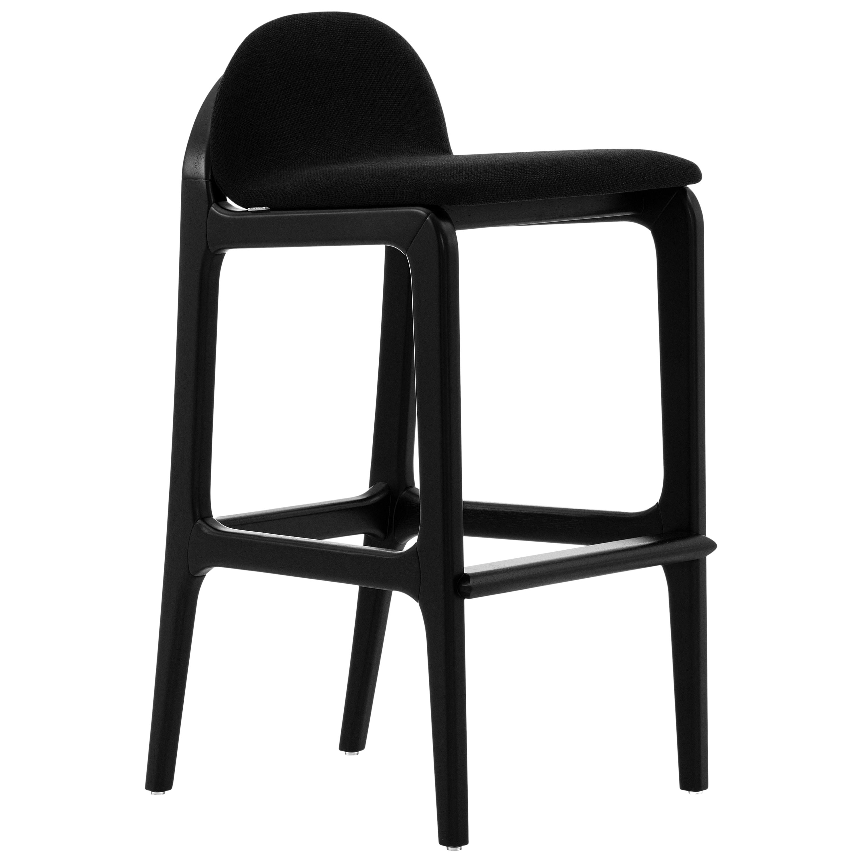 Ura Bar Stool in Black Wood Finish Base and Upholstered Black Seat For Sale