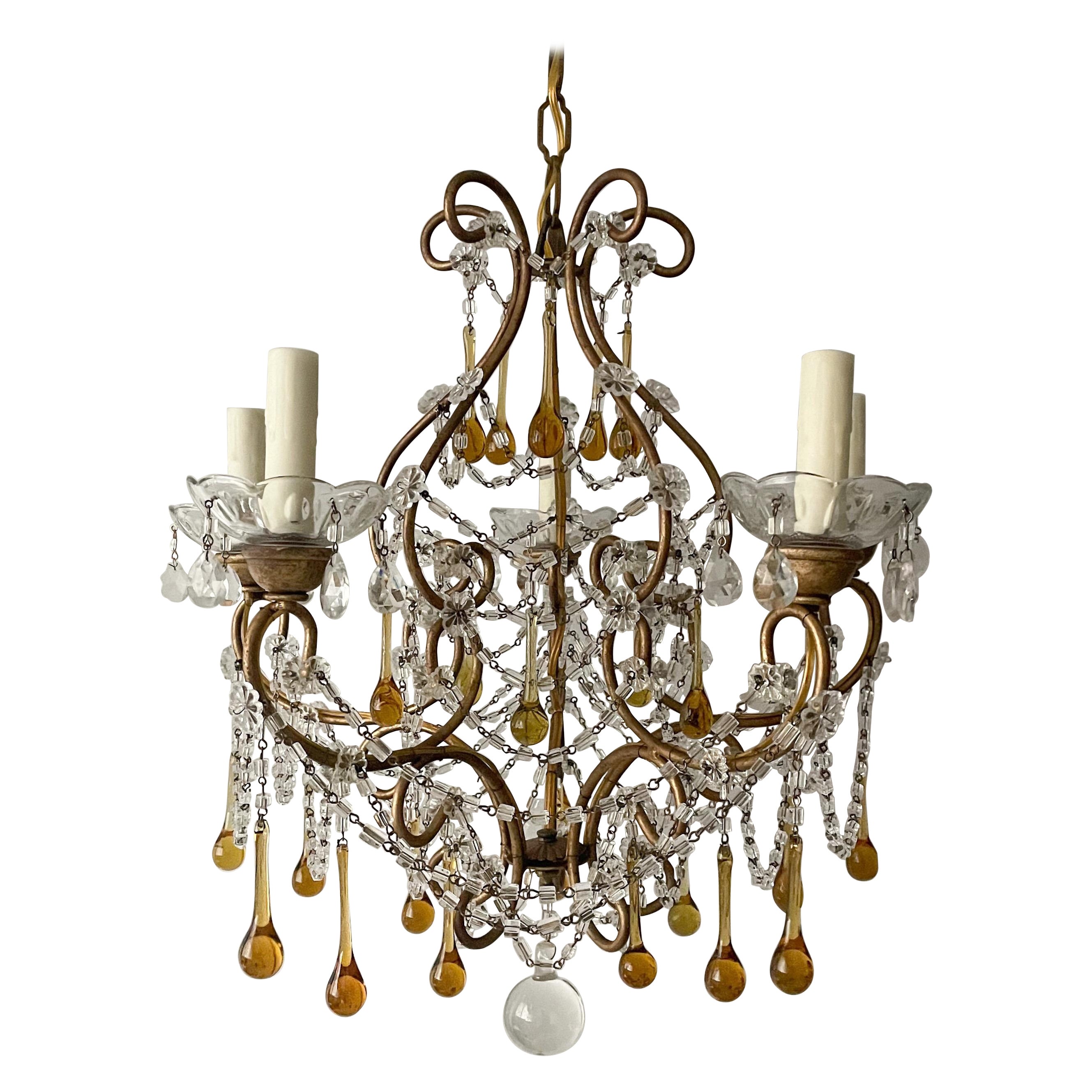 Italian Crystal Beaded Chandelier With Amber Drops For Sale