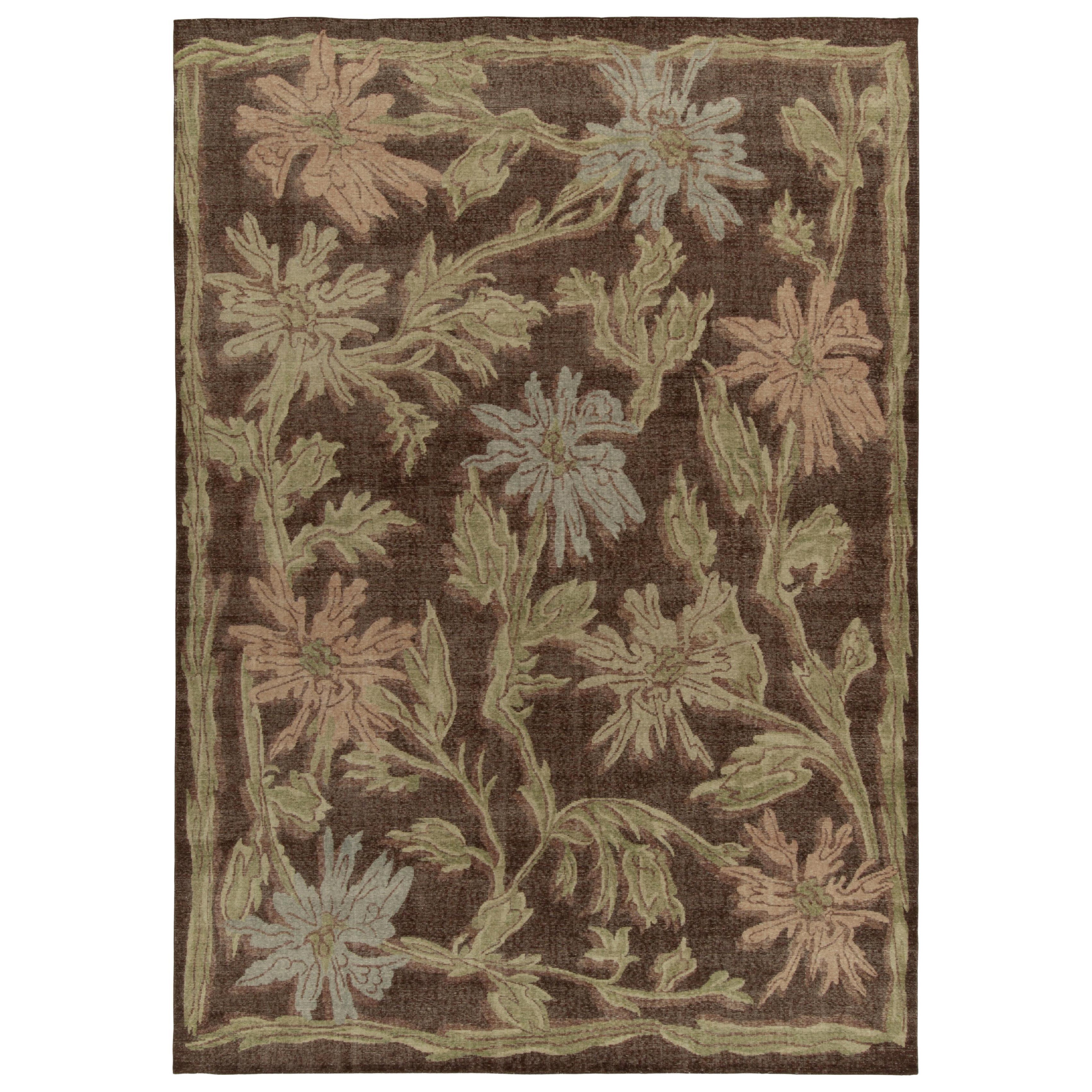 Rug & Kilim’s Distressed Style Rug in Brown and Green Floral Patterns For Sale