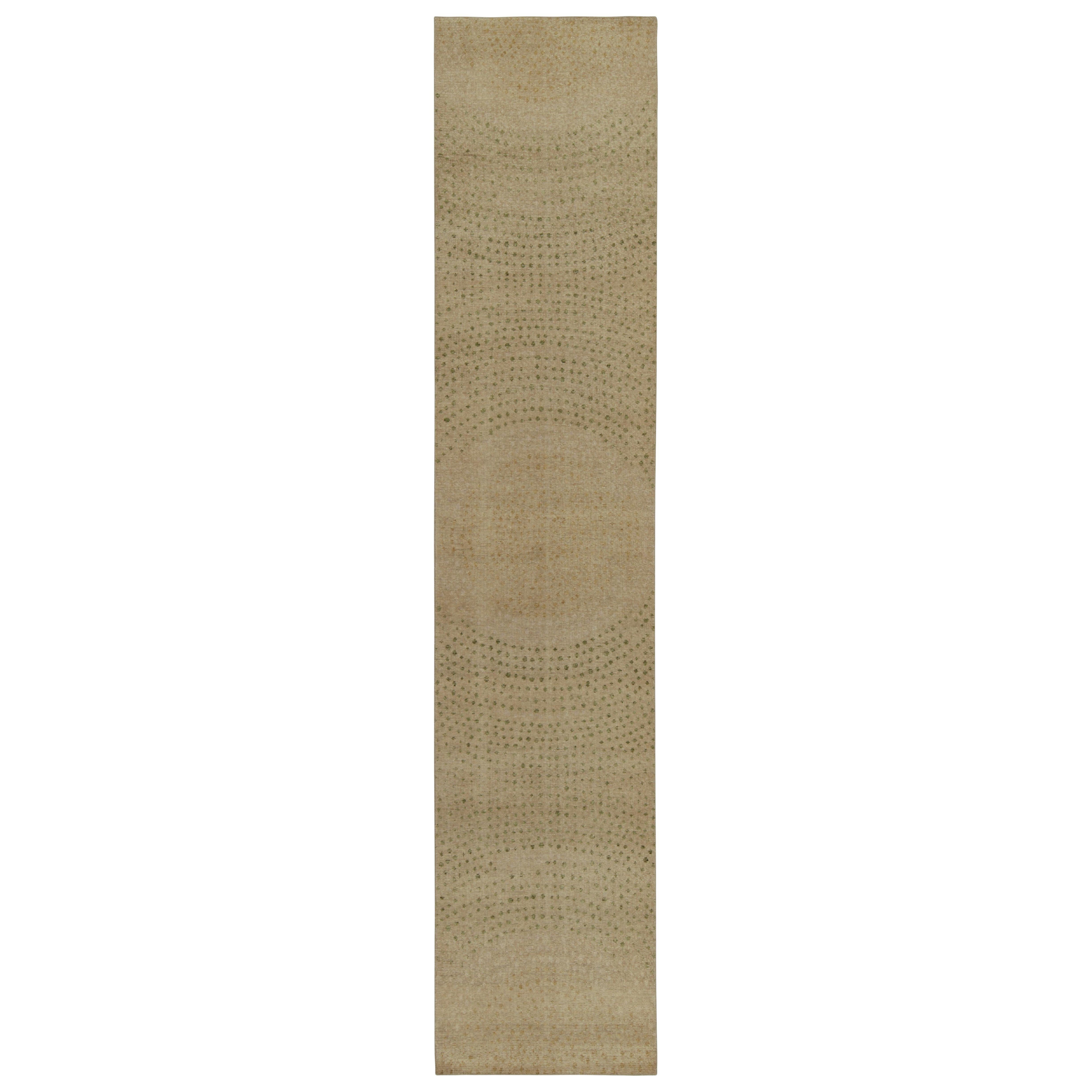 Rug & Kilim’s Distressed Style Runner in Beige & Green Abstract Dots Pattern For Sale
