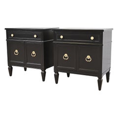 Heritage French Regency Louis XVI Black Lacquered Nightstands, Newly Refinished