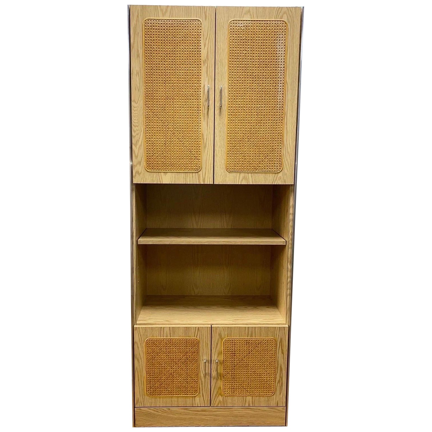 Gorgeous Mid-Century Oak, Cane & Chrome Wall Unit Featuring Adjustable Shelving  For Sale