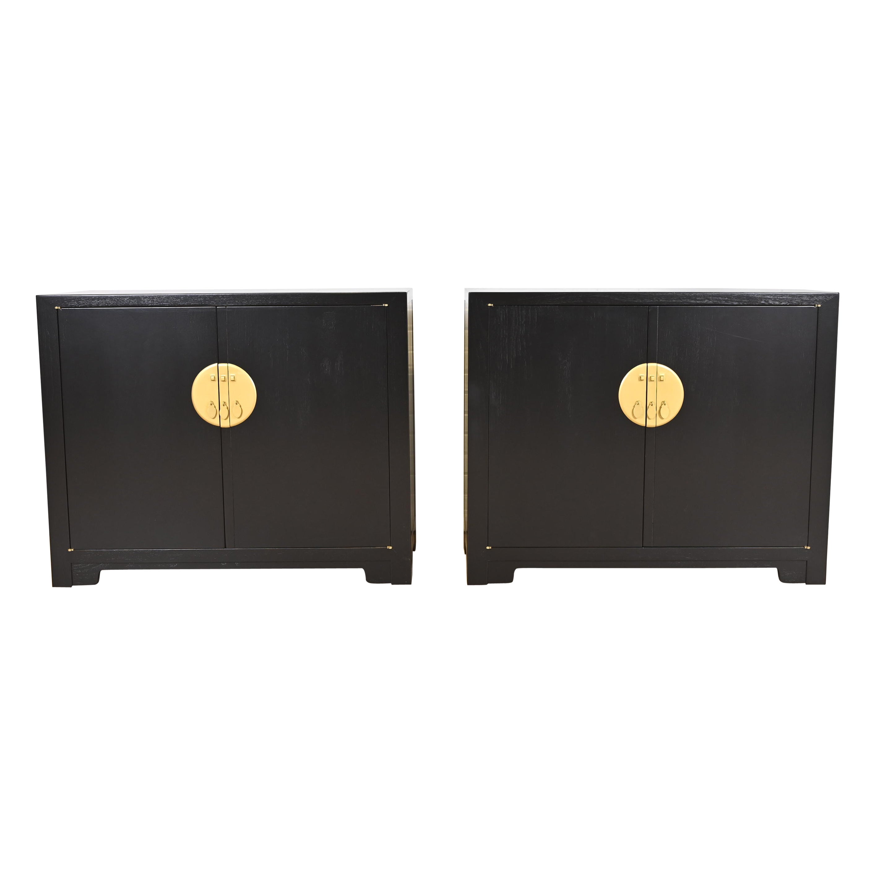 Michael Taylor for Baker Black Lacquered Chinoiserie Cabinets, Newly Refinished