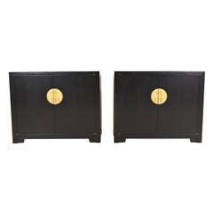 Michael Taylor for Baker Black Lacquered Chinoiserie Cabinets, Newly Refinished