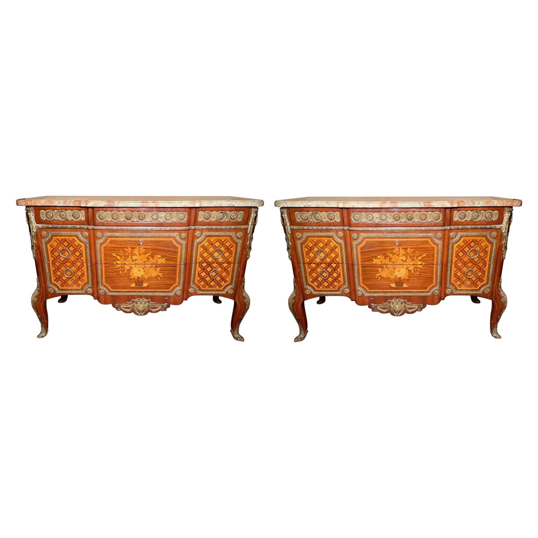 Pair Antique French Gold Bronze Mounted Marble Top Marquetry Commodes circa 1900 For Sale