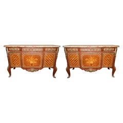 Pair Antique French Gold Bronze Mounted Marble Top Marquetry Commodes circa 1900