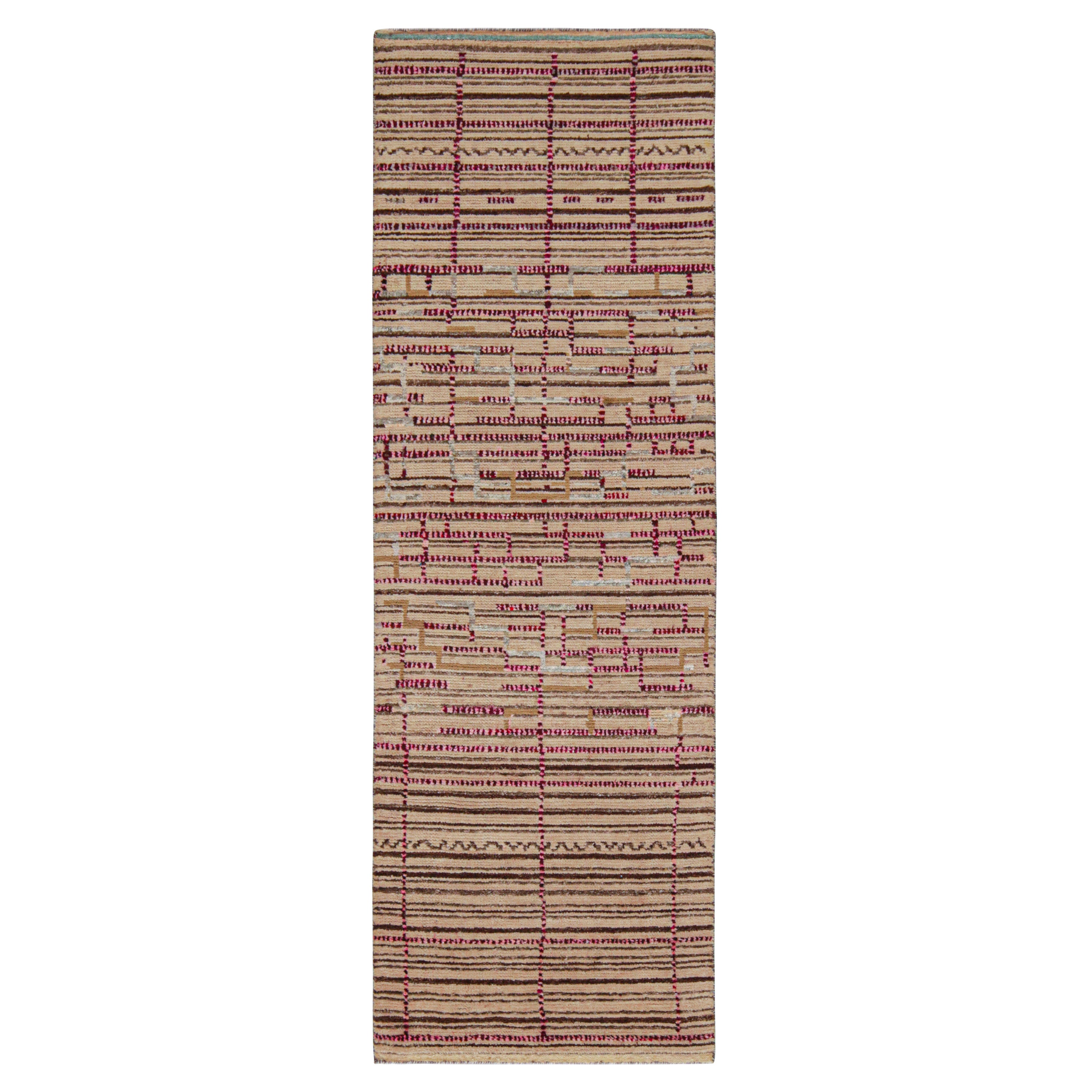 Rug & Kilim’s Moroccan Style Runner in Beige-Brown and Pink Geometric Patterns For Sale