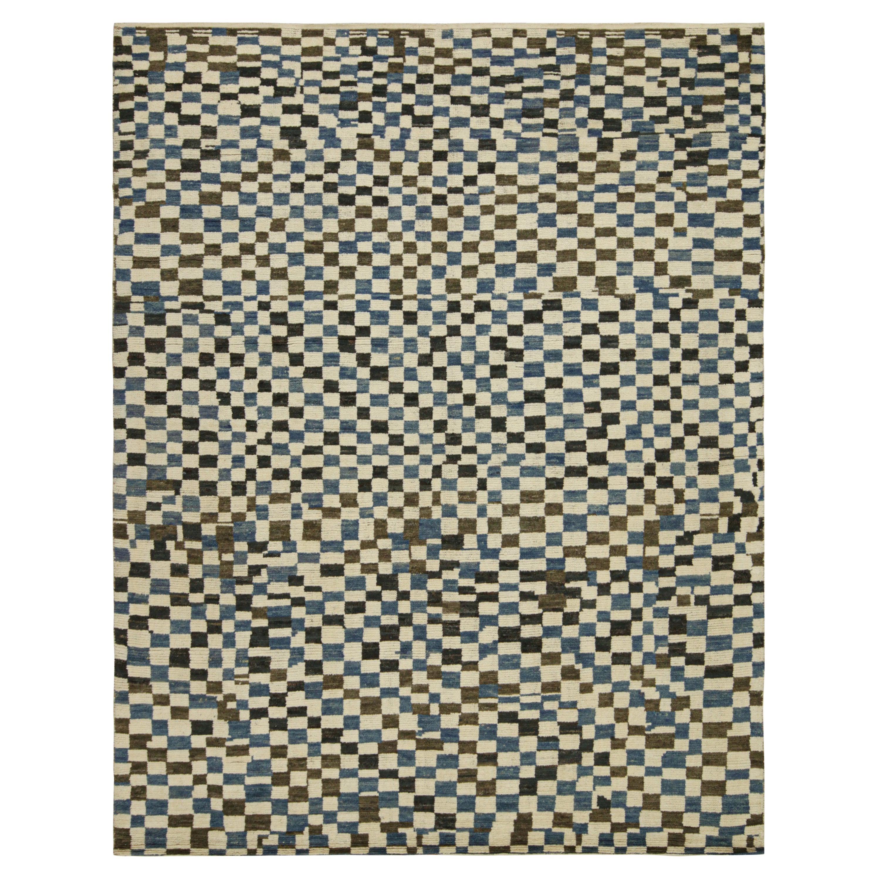 Rug & Kilim’s Moroccan Style Rug in White, Blue and Brown Checkered Pattern For Sale
