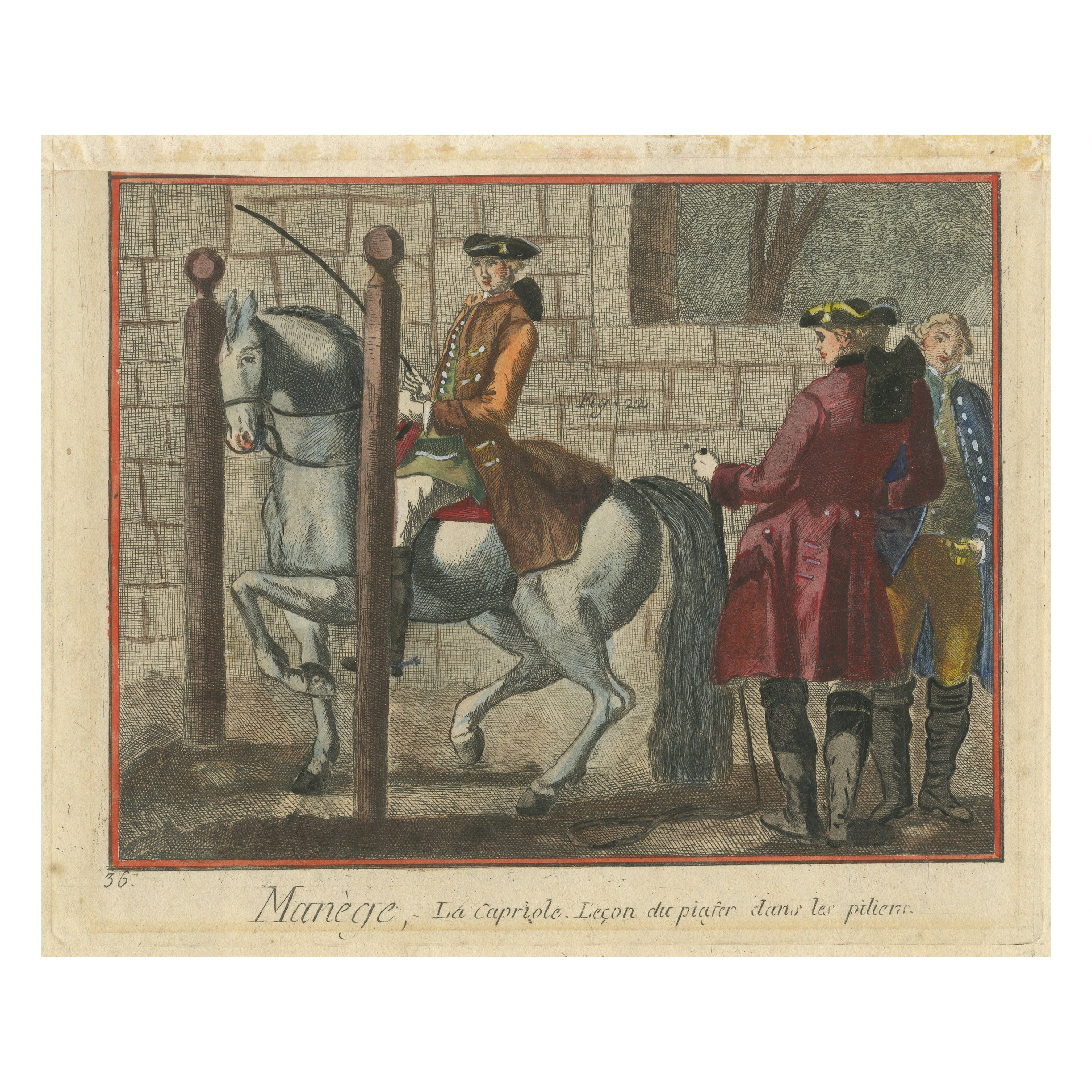 Antique Print of Horse Riding: Piaffe Lesson Between Pillars For Sale